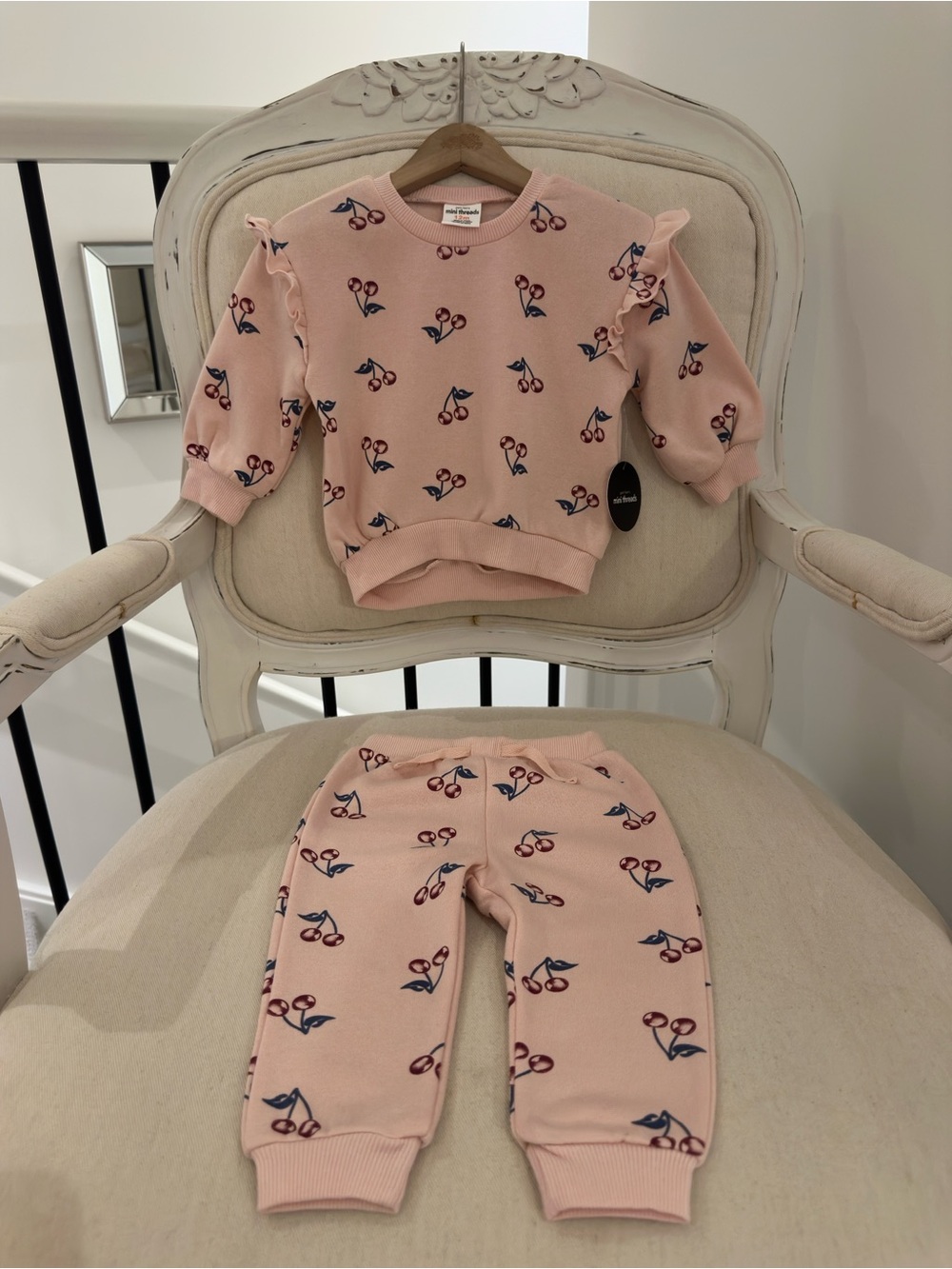 🍒 12 Mth Petit Lem Ruffled Cherry Print Sweatshirt and Pants 2 Pc Set Pink NWT